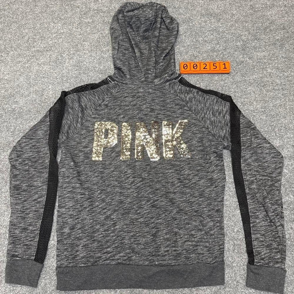 Victoria's Secret PINK Gray & Black Zip Up Hoodie with Black Mesh Panels, Medium